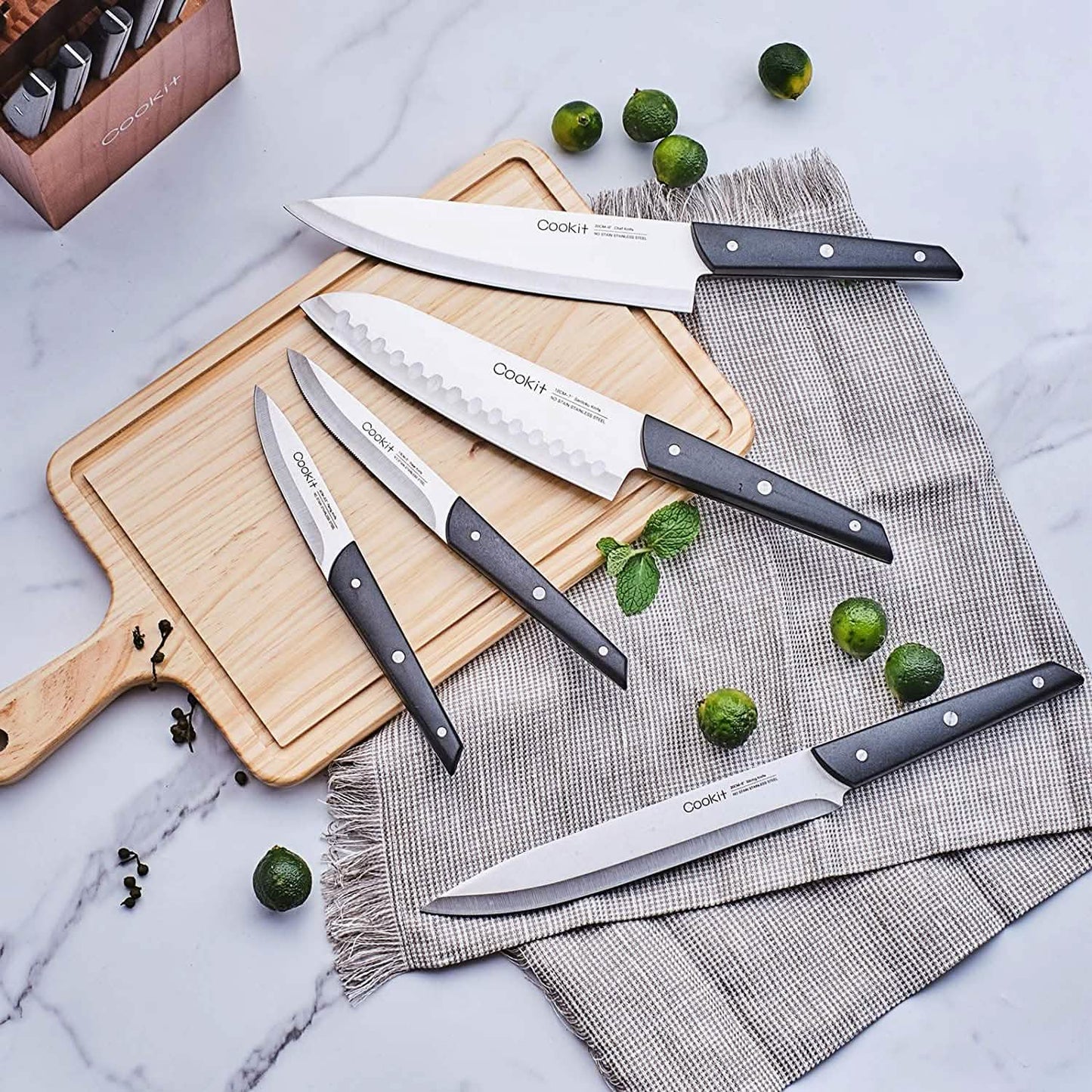 15-teiliges Set: Cookit Germany Messerblock-Set aus Edelstahl und gezackte Steakmesser