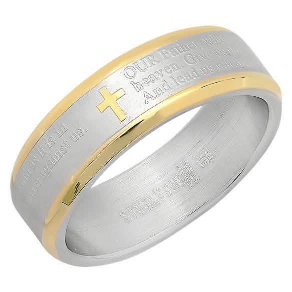 18 Karat vergoldeter Edelstahl Unisex Bicolor Vaterunser-Kreuzbandring