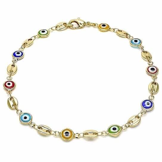 18k vergoldetes, hochglanzpoliertes Mariner Marina Damen-Fußkettchen mit Hummerverschluss, mehrfarbigem Evil Eye, 10 Zoll