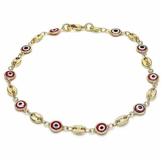 18k vergoldetes Fußkettchen für Damen, Hochglanz-Finish, Mariner Marina-Rot, Evil Eye, Karabinerverschluss, 10 Zoll