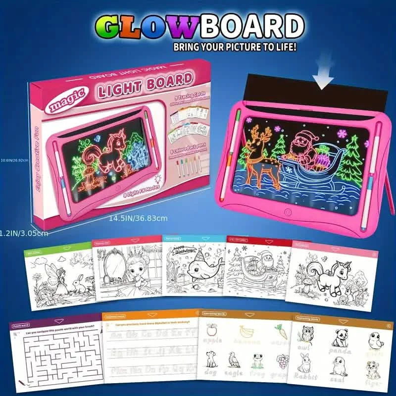 LED-Leucht-Zeichentafel – 9 doppelseitige Karten mit Markern, Kunstspielzeug für Kinder von 3–8 Jahren