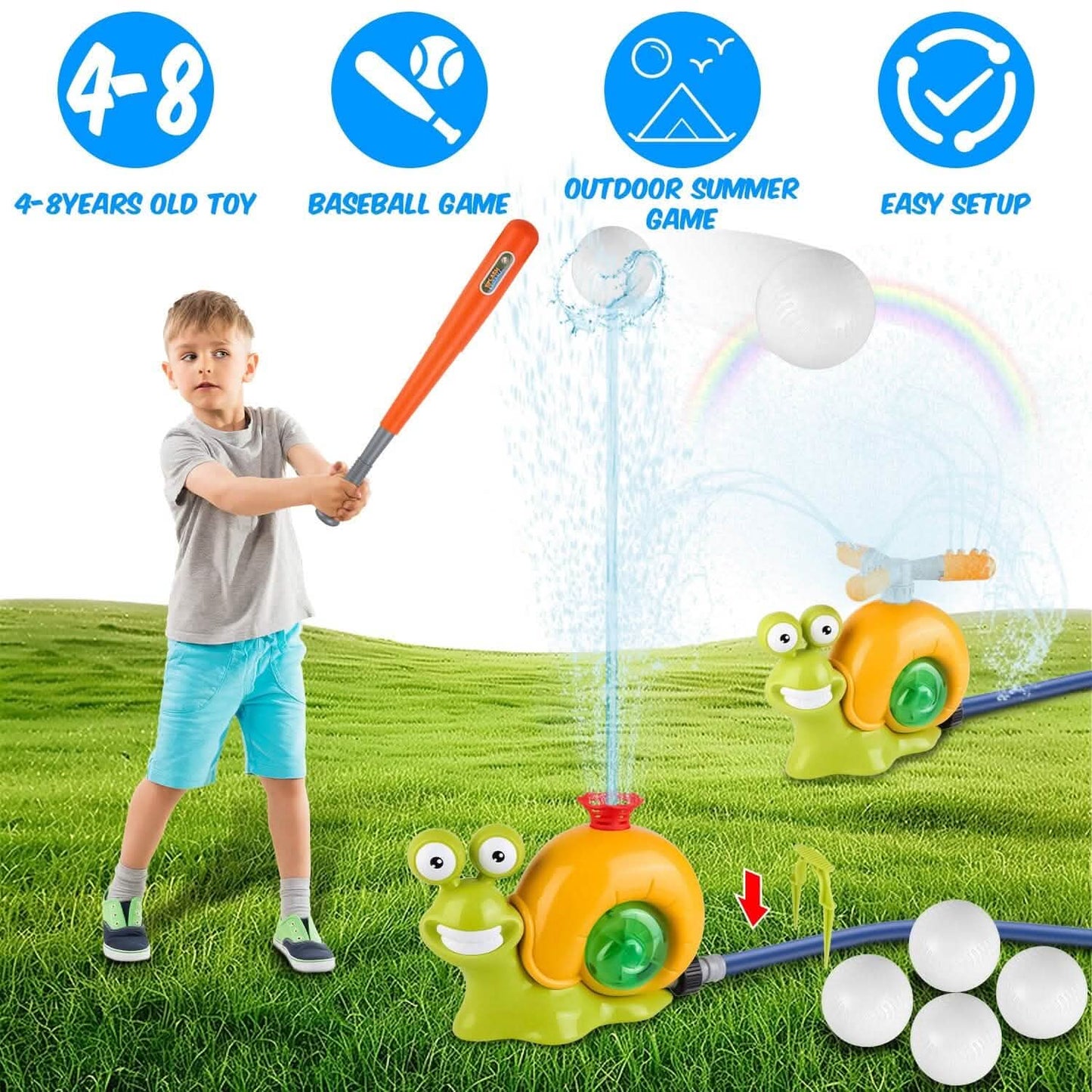 2-in-1-Schnecken-Wassersprenger-Baseballspielzeug mit 2 Sprinklerdüsen