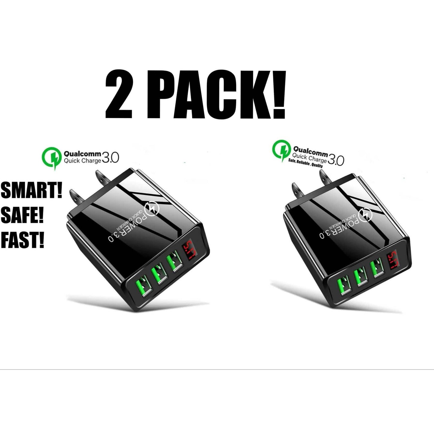 2er-Pack: 3 Port LED Fast Quick Charge QC 3.0 USB Hub Display Wandladegerät Adapter US-Stecker
