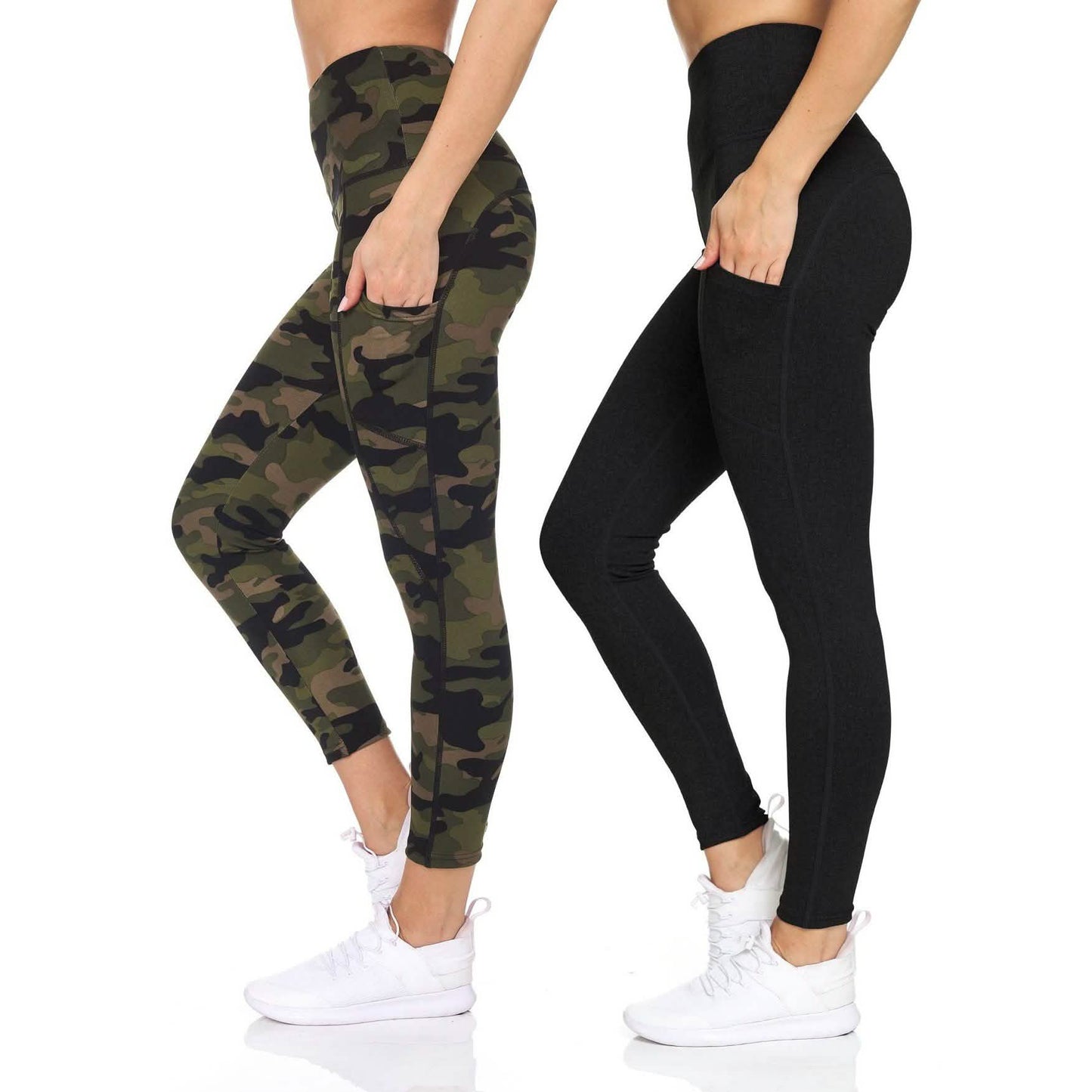 2er-Pack: Damen High Waist Active Leggings in voller Länge mit Camo- und Unifarben-Print