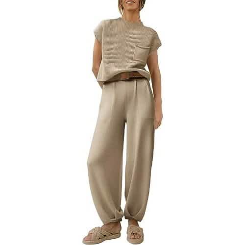 2-teiliges Set: Damen Strickpullover Oberteile und High-Waist Hose Trainingsanzug Loungewear Sets