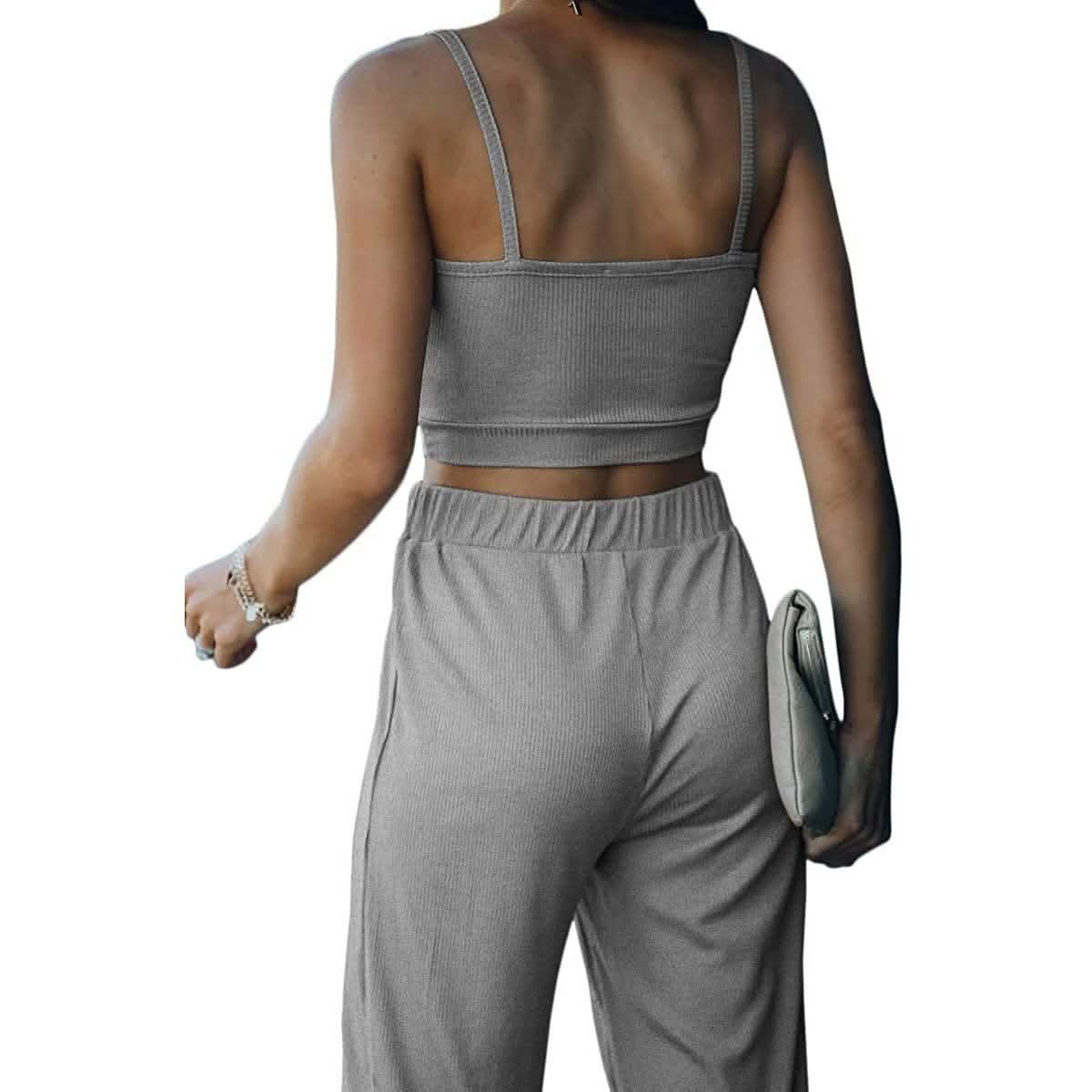 2-teilig: Damen Freizeit-Outfit Geripptes Spaghettiträger-Top Knöchellange Jogger-Sets