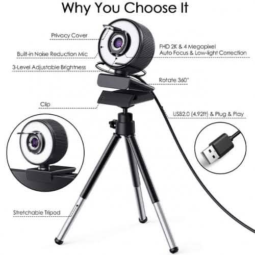 2K HD Webcam mit integrierter, dimmbarer LED-Ringbeleuchtung und Mikrofon (18 LEDs)