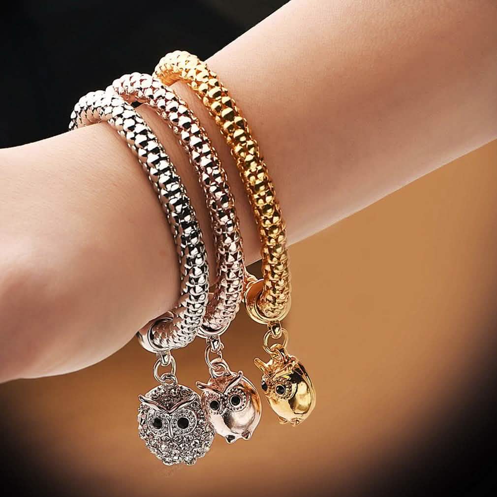 3-teilig: 18K Dreifarbige Eulen-Charm Stretch-Popcorn Armband-Set