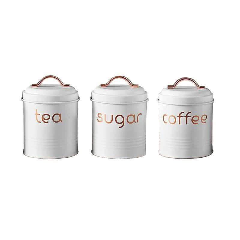 3-teilig: Kanister-Set aus Metall und Kupfer für Kaffee, Tee und Zucker