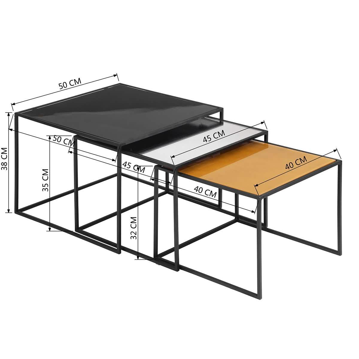 3-teilig: Couchtisch-Satztisch-Set mit Spiegelplatte und Ablagetisch/Beistelltisch aus schwarzem Stahlrohr