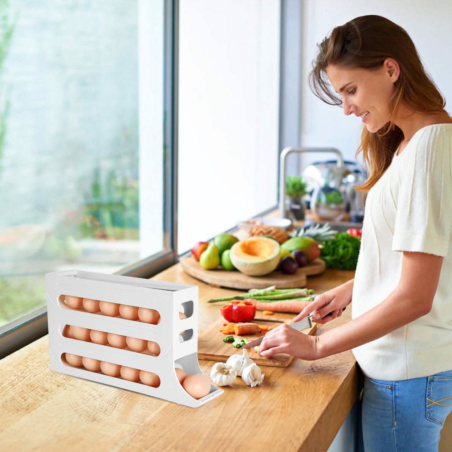3-teilig: 4-stöckiger Eierhalter, automatisch rollender Kühlschrank-Eier-Organizer