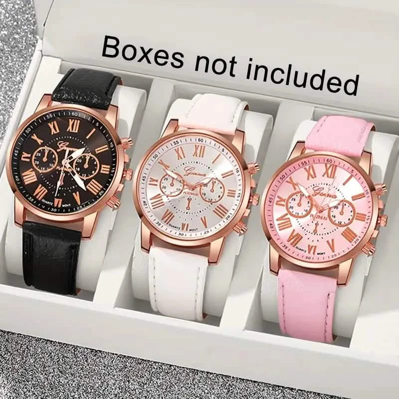3-teiliges Set: Römische Quarz-Damenuhren – modisches, rundes Zifferblatt mit Kunstlederarmband