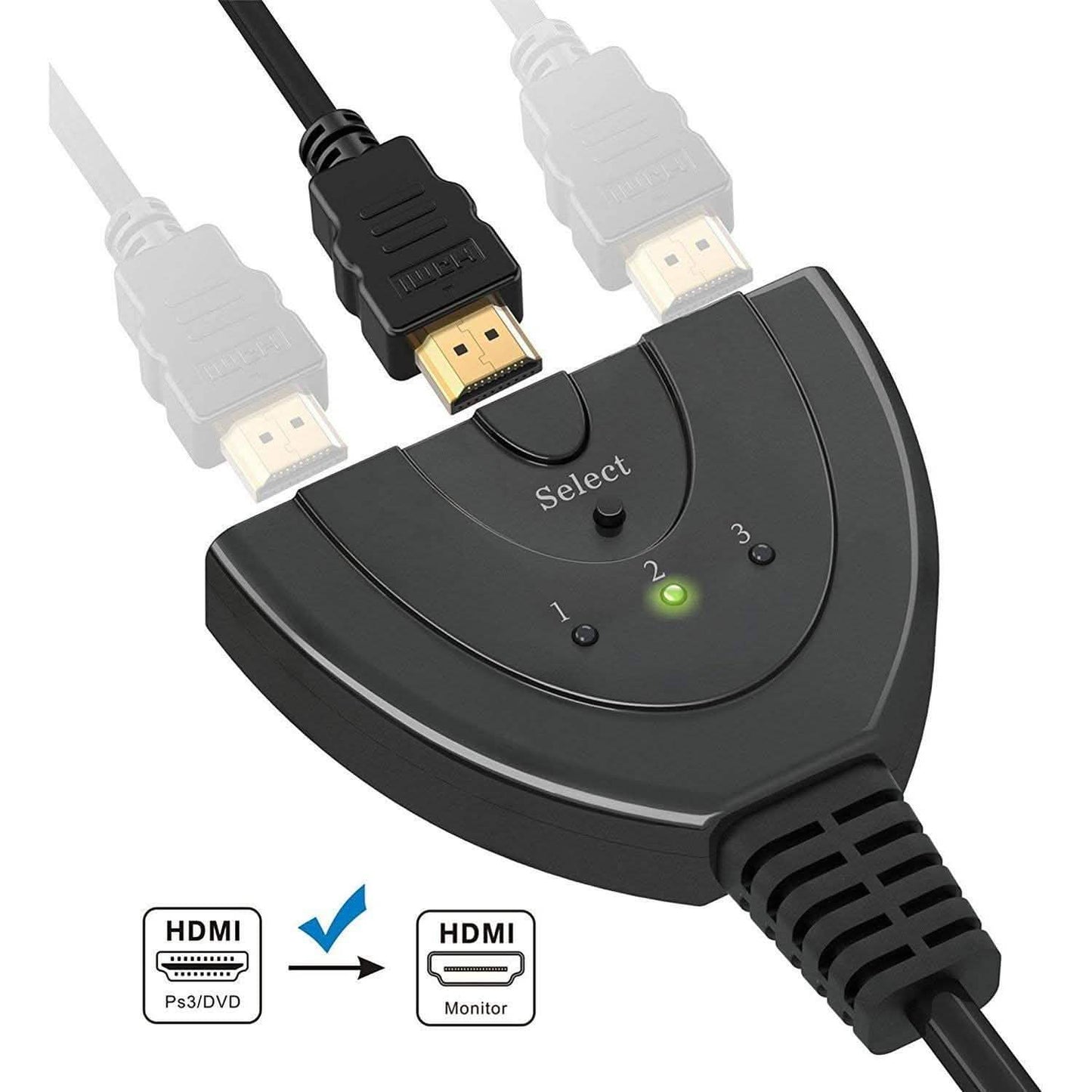 3-Port HDMI Switch, Splitter, unterstützt Full HD1080p, 3D mit High Speed Pigtail Kabel