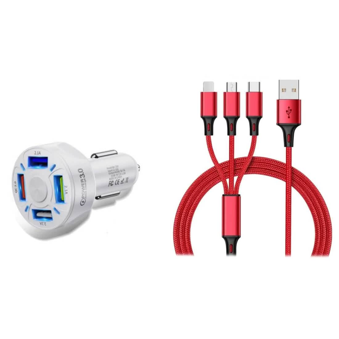 4-Port-LED-Autoladegerät + 3-in-1-Kabel-Kombipack