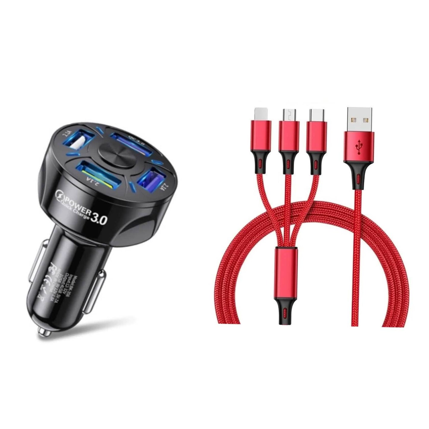 4-Port-LED-Kfz-Ladegerät + 3-in-1-Kabel-Kombi