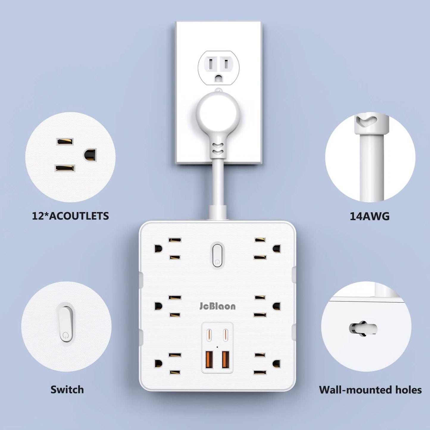 16-in-1 Steckdosenleiste – 12 AC-Steckdosen & 4 USB-Anschlüsse, Weiß