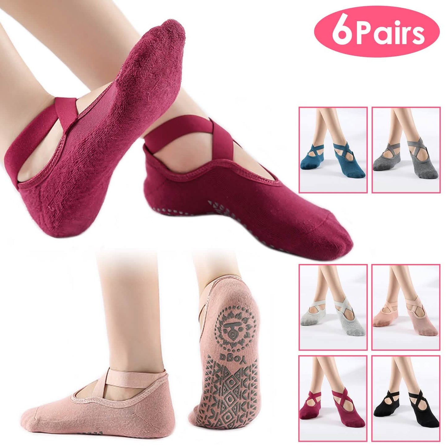 6er-Pack: Damen Yoga Socken mit Riemen und rutschfesten Noppen