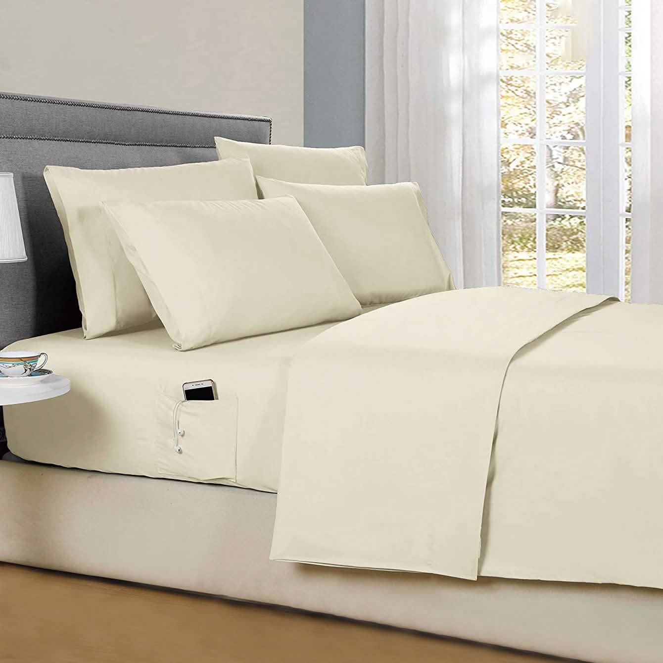 6-teilig: Einfarbiges Bettlaken-Set mit Seitentaschen, Full Size