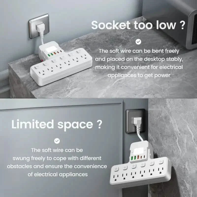 12-in-1 Verstellbare Schreibtischlampe mit Steckdosenleiste – 6 AC-Anschlüsse, 3 USB-A- und 2 Typ-C-Anschlüsse, Überspannungsschutz