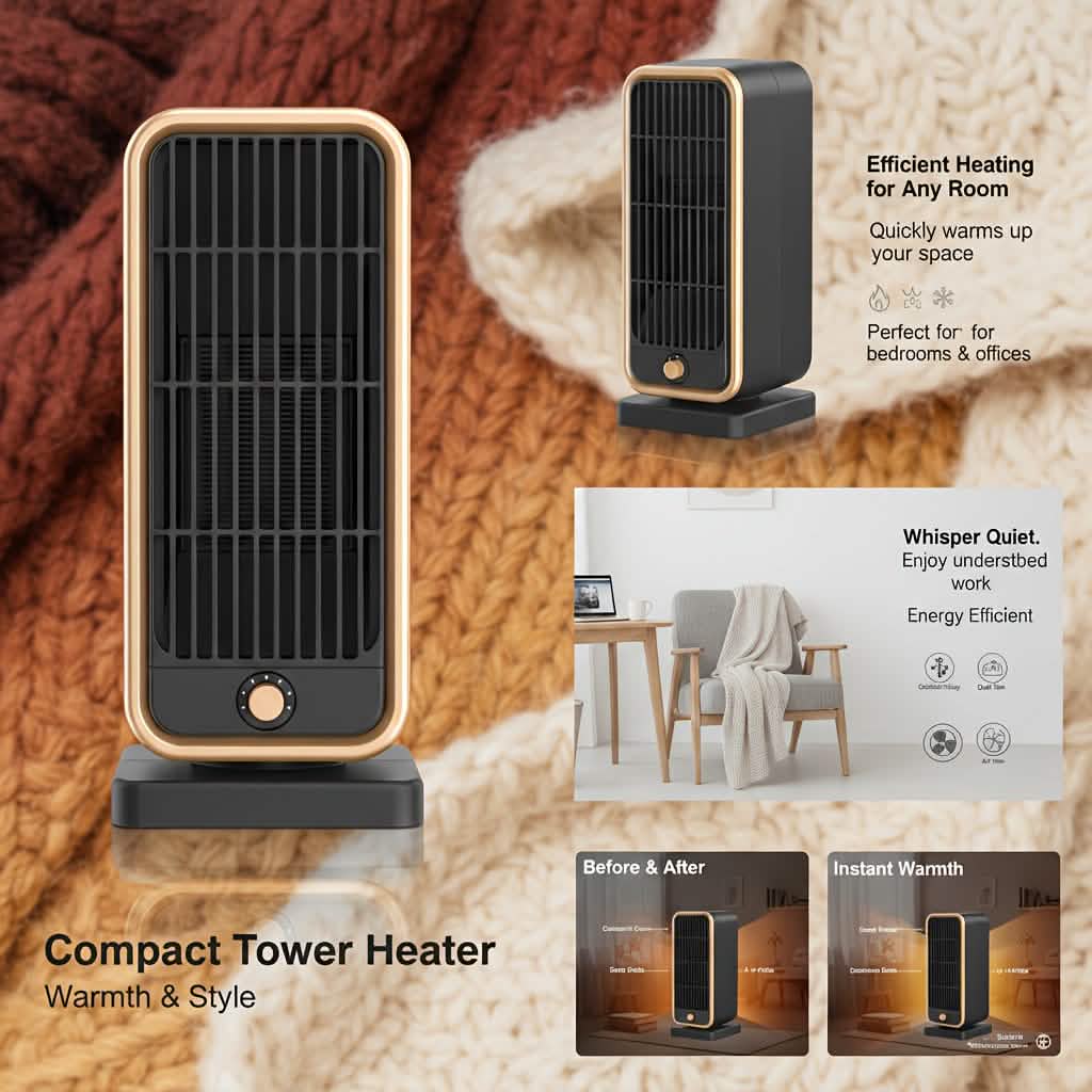 500W Tragbarer Keramik-Heizlüfter mit Kippschutz – Quadratisches Design