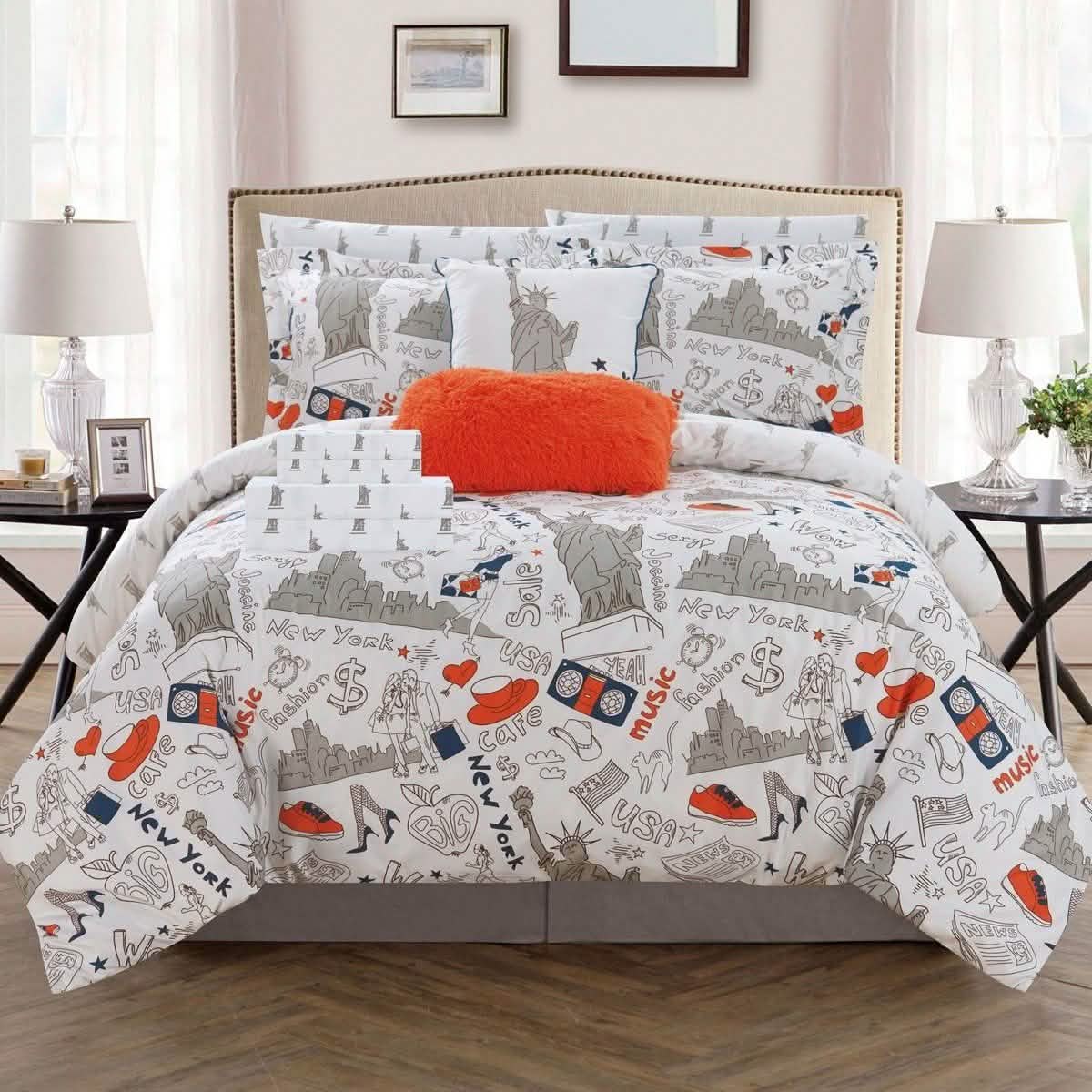 9-teiliges Set: Liberty Wendebettwäscheset New York Theme Bedrucktes Design Bett