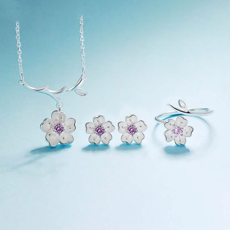 925er Sterlingsilber Niedliches Blumen-Halsketten-Ohrringe-Ringe-Armband-Schmuckset