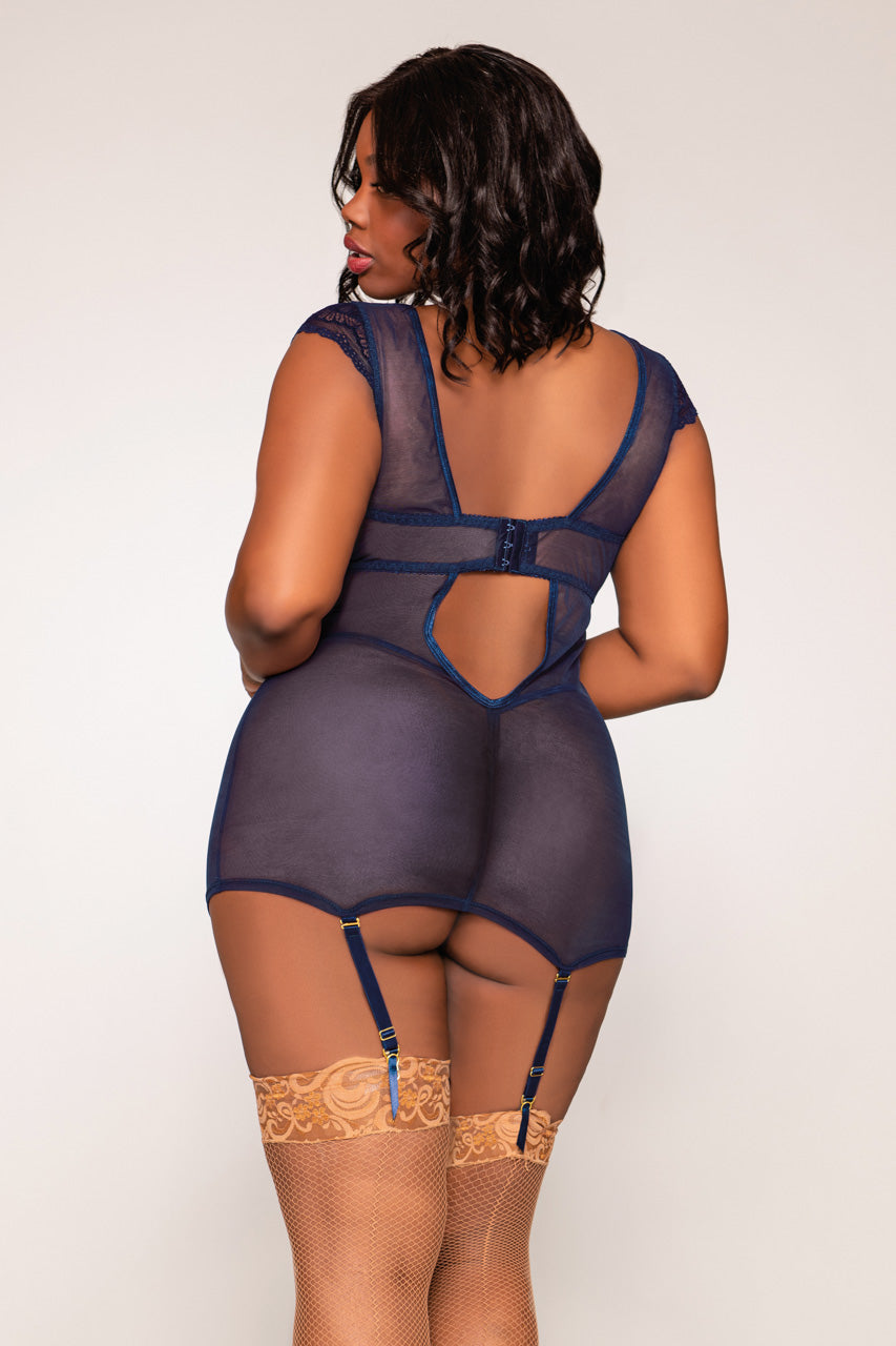 Große Größen gemusterte nachtblaue Straps-Chemise