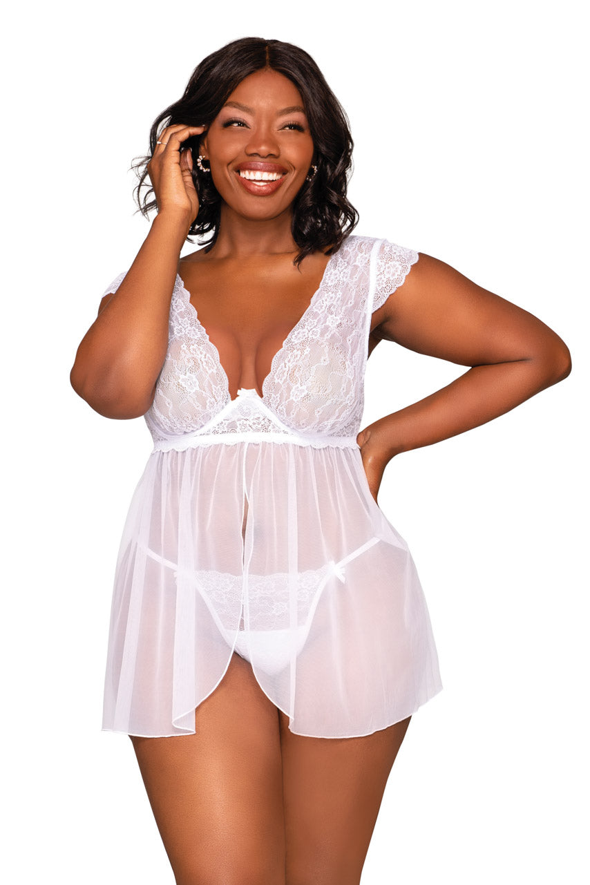Große Größen weißes Babydoll mit Kappe und Ärmeln aus Spitze und Mesh