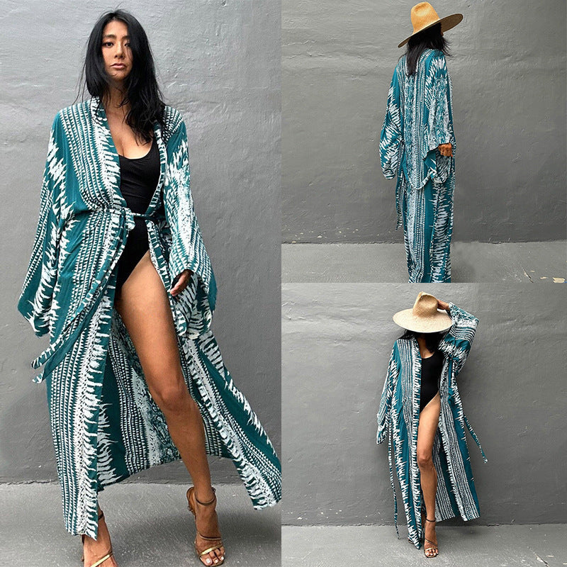 Rayon Bedruckter Urlaub Breiter Sonnenschutz Hemd Strandmantel Strandvertuschung Badeanzug Oberbekleidung Langer Cardigan