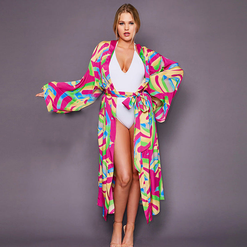 Leoparden-Cardigan Lang Lockerer Strand-Sonnenschutz-Mantel Strand-Vertuschung Badeanzug Überwurf Damen