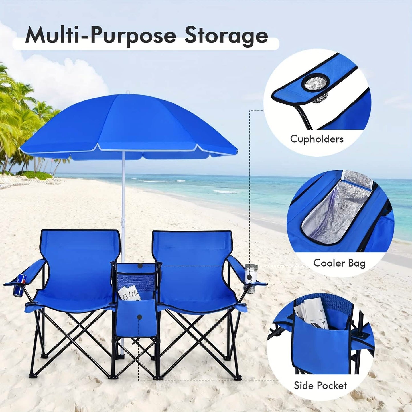 Klappbarer Doppel-Campingstuhl mit Sonnenschirm (Blau)