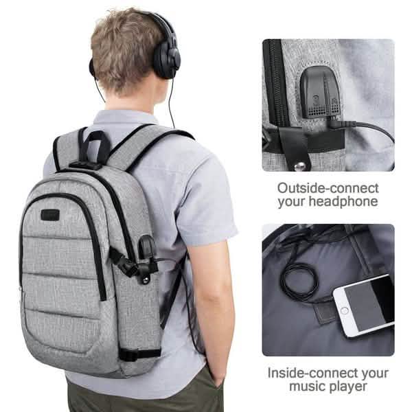 Diebstahlsicherer wasserdichter klassischer Rucksack mit USB-Ladeanschluss und Kopfhörerschnittstelle