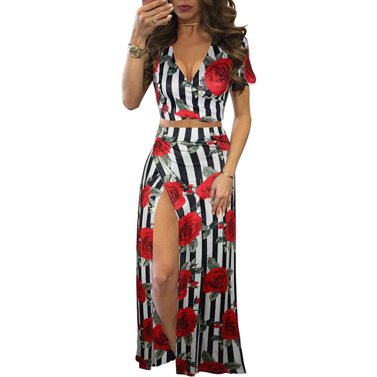 Aro Lora Damen Sexy V-Ausschnitt Geblümtes Zweiteiliges Maxi-Kleid mit Seitenschlitz