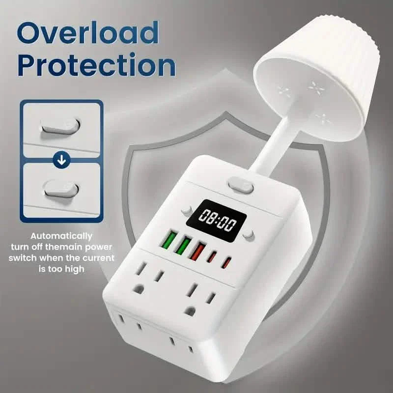 11-in-1 Multifunktions-Steckdosenleiste mit Schreibtischlampe, Uhr, USB-Anschlüssen und Überspannungsschutz