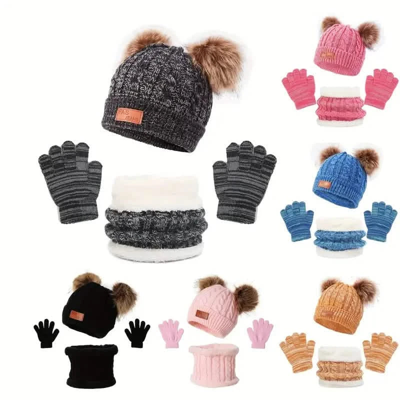 Kinder Winter Gestrickter Wollfutter Warmer Mütze, Schal, Handschuh Set Für 2-5 Jahre Alte Jungen Und Mädchen
