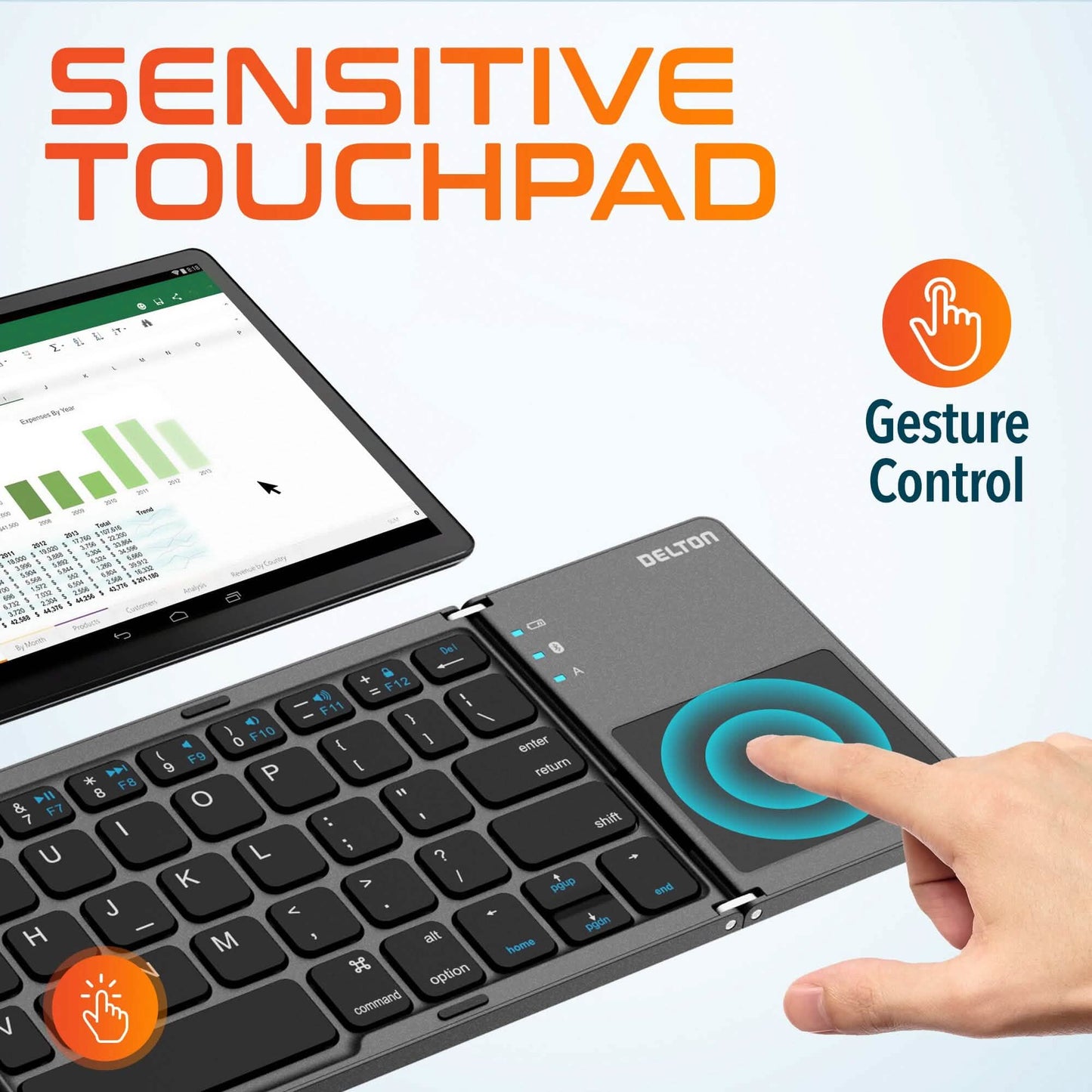 Delton F75 Bluetooth-Tastatur mit sensiblem Touchpad, tragbares und faltbares Design, wiederaufladbare kabellose Tastatur, kompatibel mit PC/Laptop, iMac, Tablets, Smartphones und mehr – Schwarz