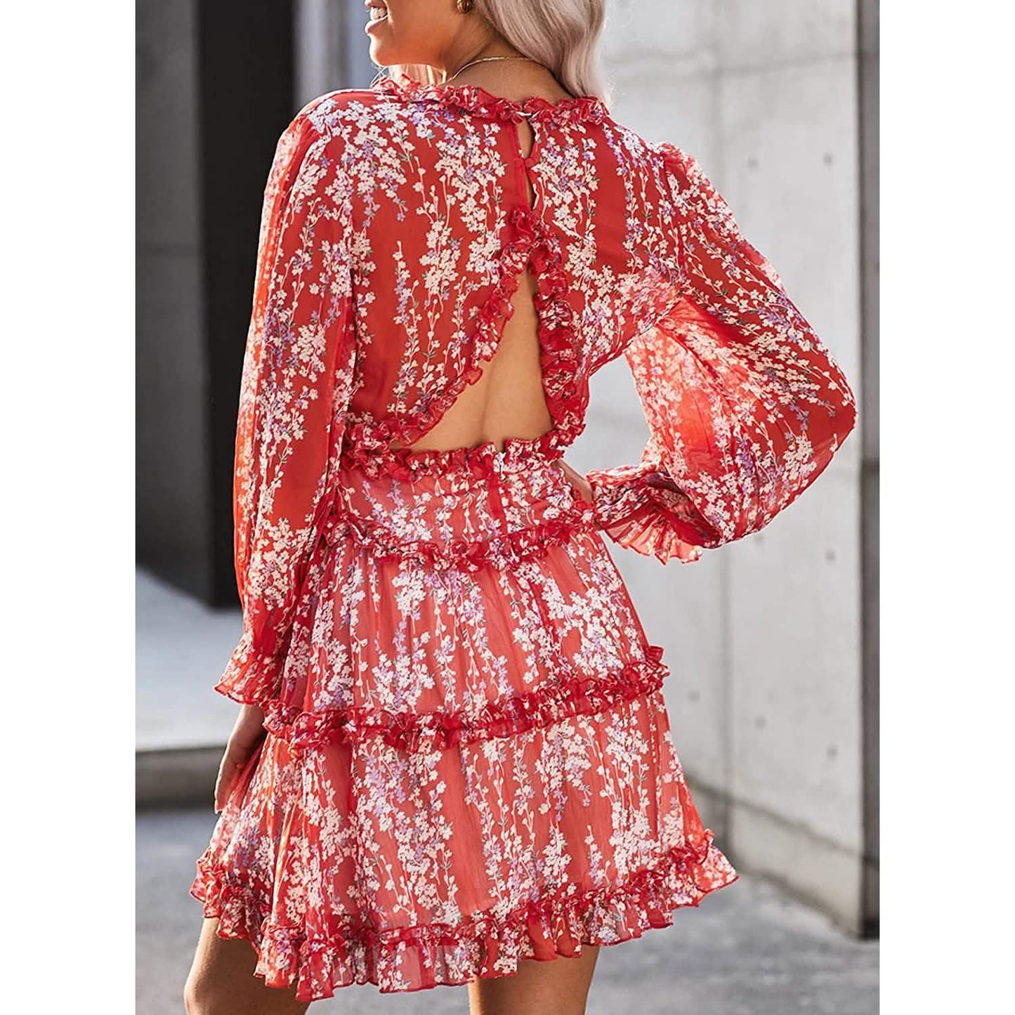 Dokotoo Damen Frühling Sommer Tiefer V-Ausschnitt Rüschen Langarm Geblümtes Minikleid