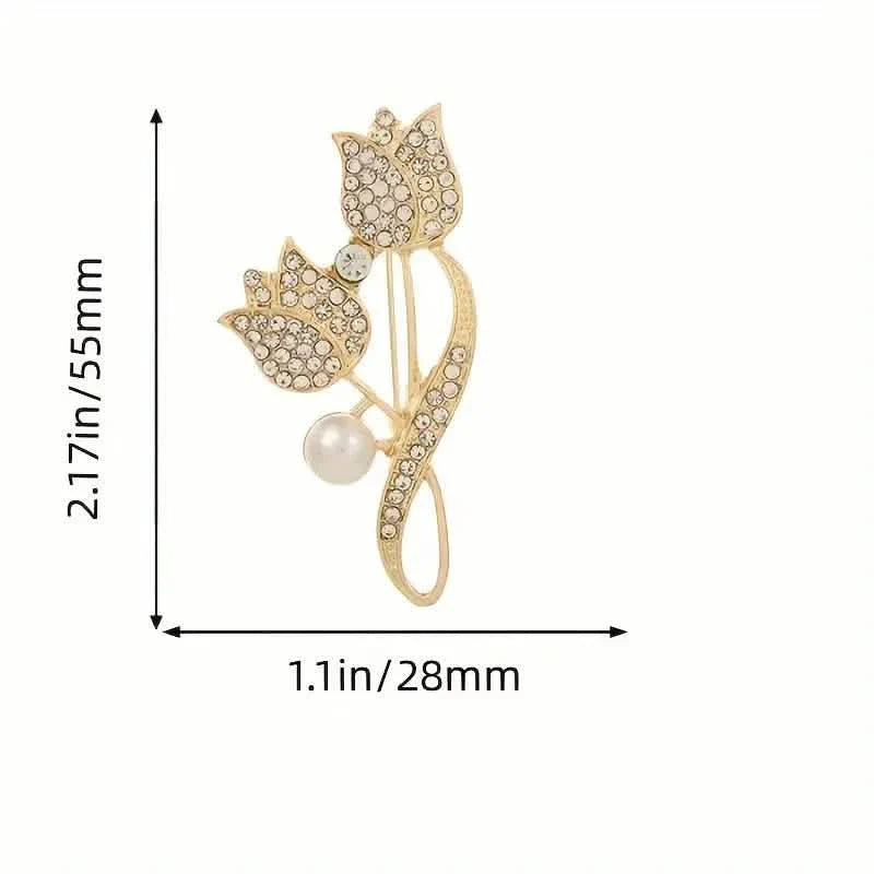 Exquisite tulpenförmige Brosche mit Kunstperlen, verziert mit künstlichem Diamanten