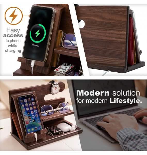 TESLYAR Handy Dockingstation aus Eschenholz, Schlüsselhalter, Brieftaschenständer