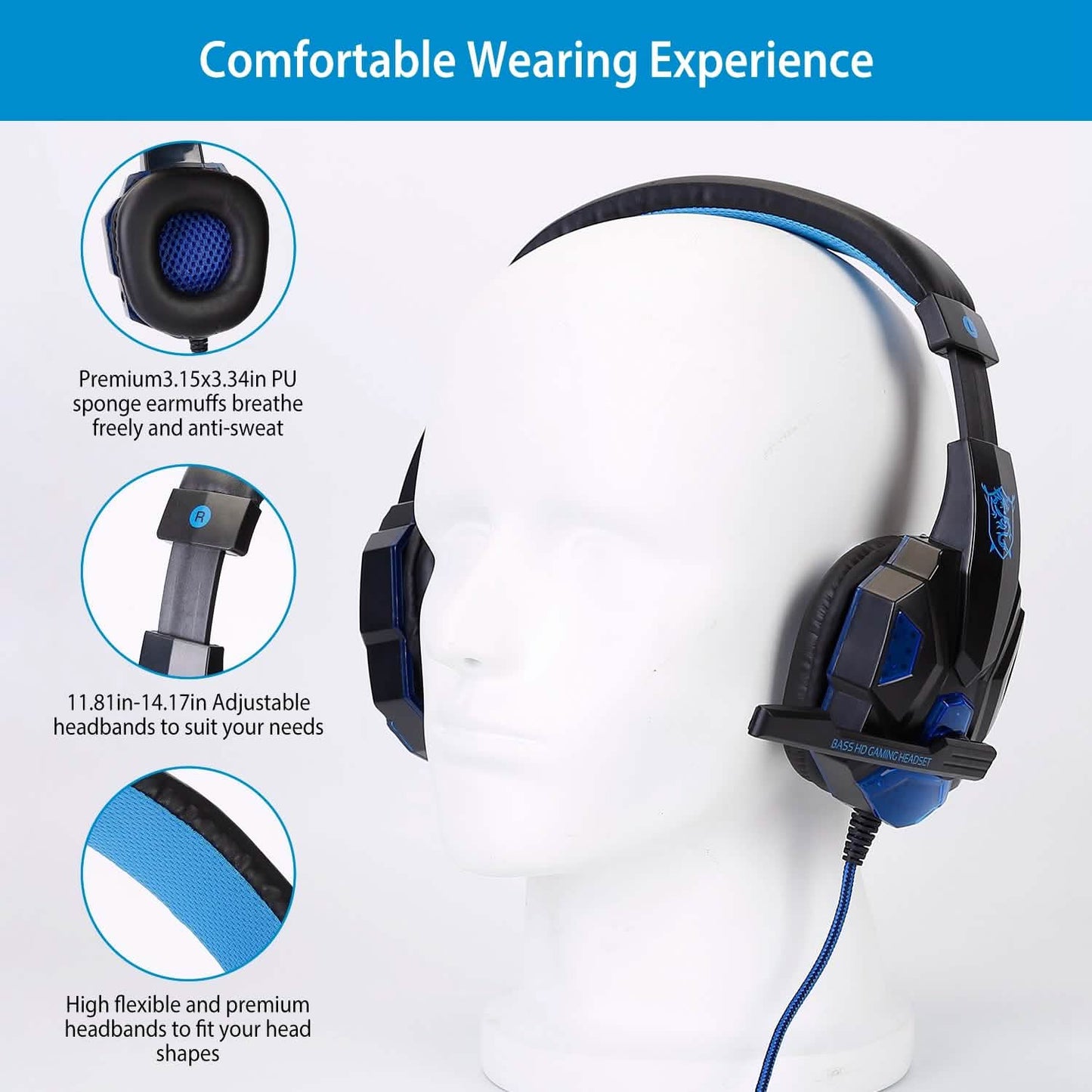 Gaming Headsets Stereo Bass Over-Ear Kopfhörer mit LED-Licht Ohrmuschel