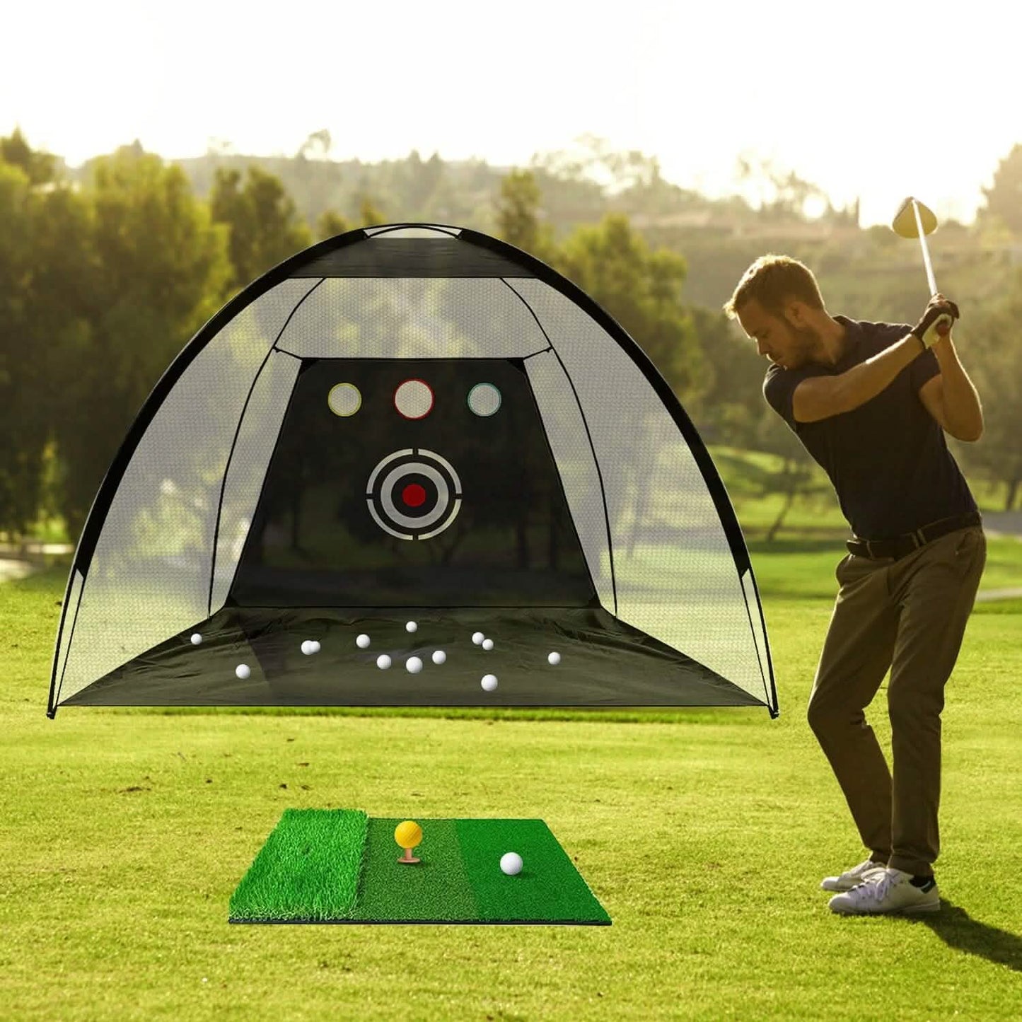 Golf-Trainingshilfen Driving Hitting Nets mit Tri-Turf Golfmatte Zieltuch 10 Golfbälle 7 Golf-Tees 2 Gummi-Golf-Tee-Halter Tragetasche für Indoor- und Outdoor-Sport