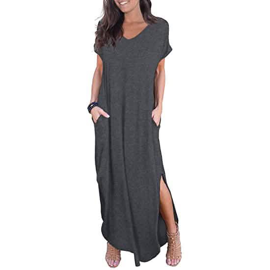 Damen Freizeit Langes Maxikleid mit Taschen und Seitenschlitz