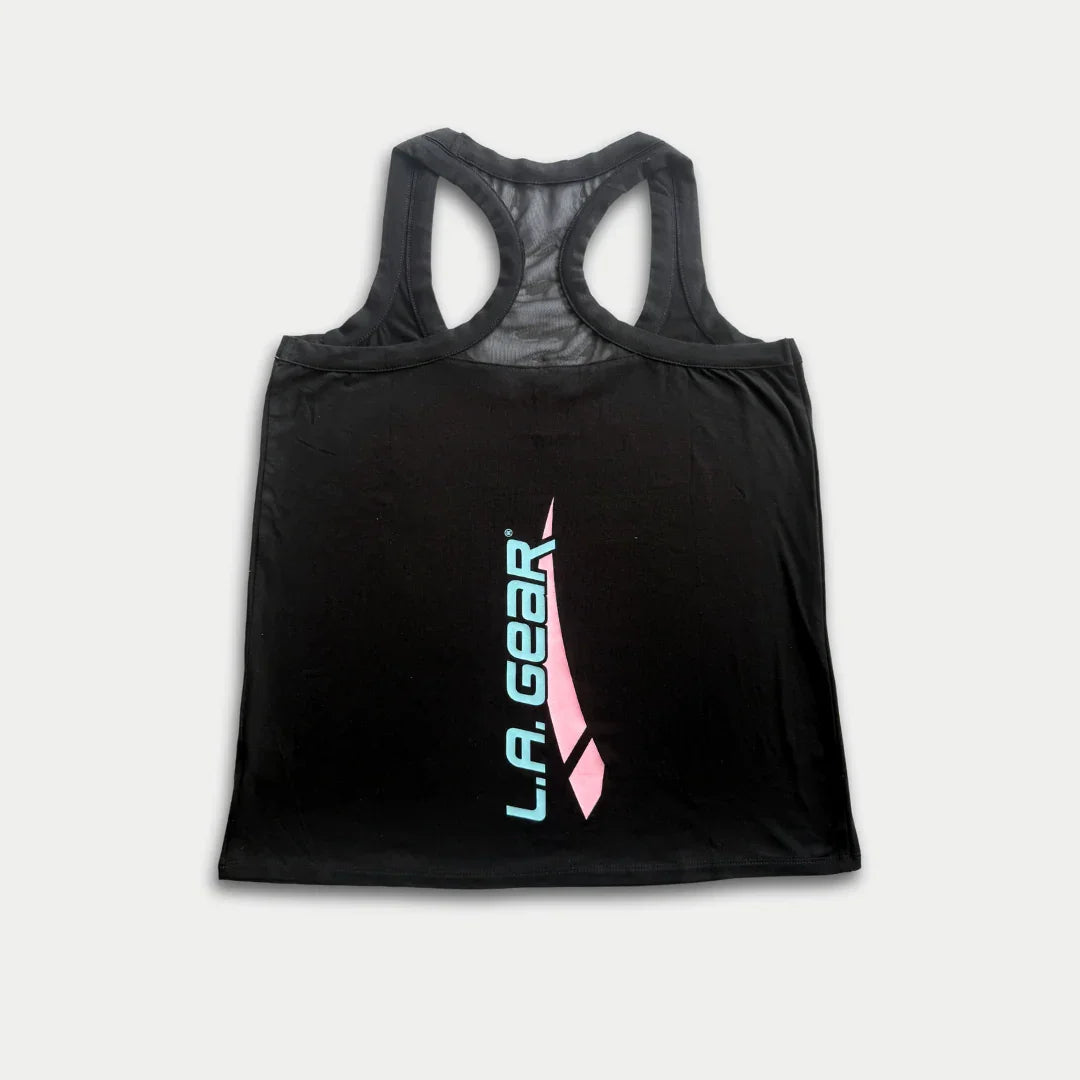 LA Gear Damen Racerback Tanktop | Schwarz mit Aqua und Pink Logo