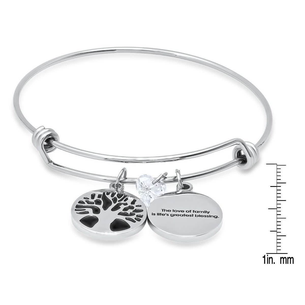 Damen-Armreif aus Edelstahl mit „Love of Family“-Gravur, Lebensbaum und herzförmigem Swarovski-Kristall