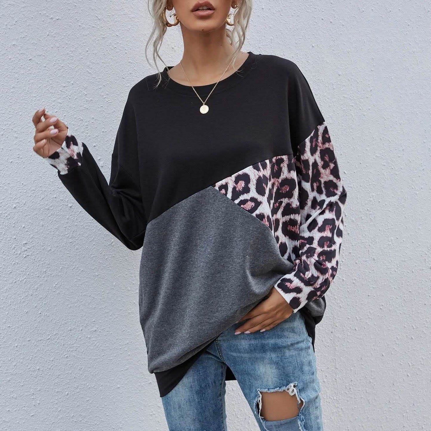 Leopard-Print Colorblock-Sweatshirt mit überschnittenen Schultern