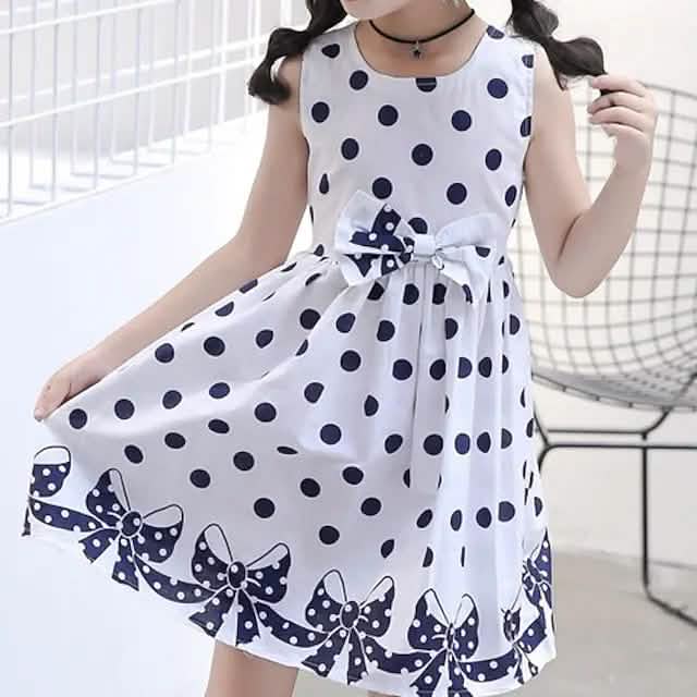 Mädchen Kleid Sommerkleid Tupfen Leger Spitze Besatz Druck