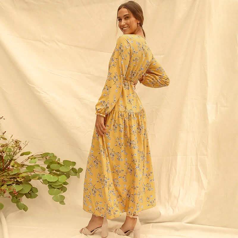 Langarm Fashion Lässiges Maxikleid mit hoher Taille, schmaler Passform, Blumendruck, V-Ausschnitt