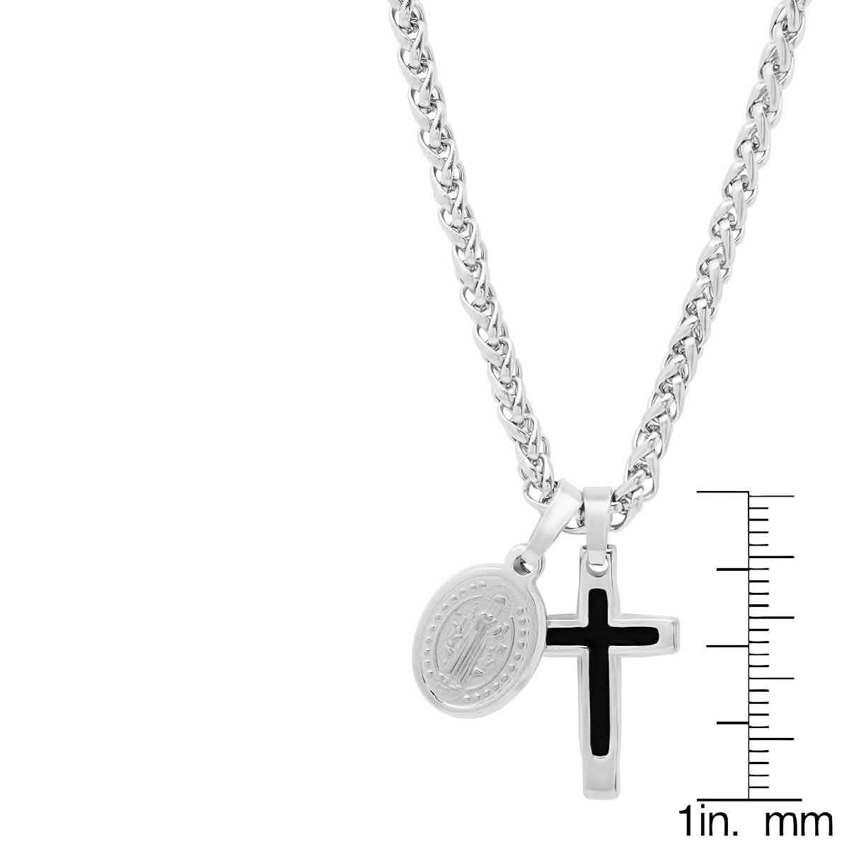 Herren-Edelstahlhalskette mit Kreuz- und St. Benedikt-Anhängern