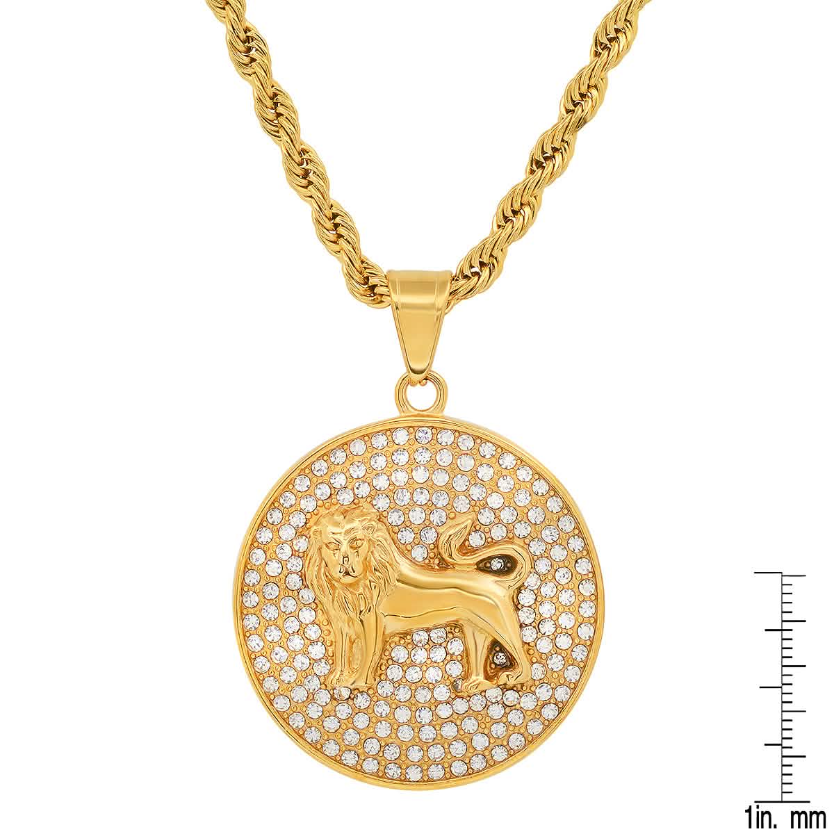 Herren-Anhänger, rund, Löwe, aus Edelstahl, 18 Karat vergoldet und mit simulierten Diamanten