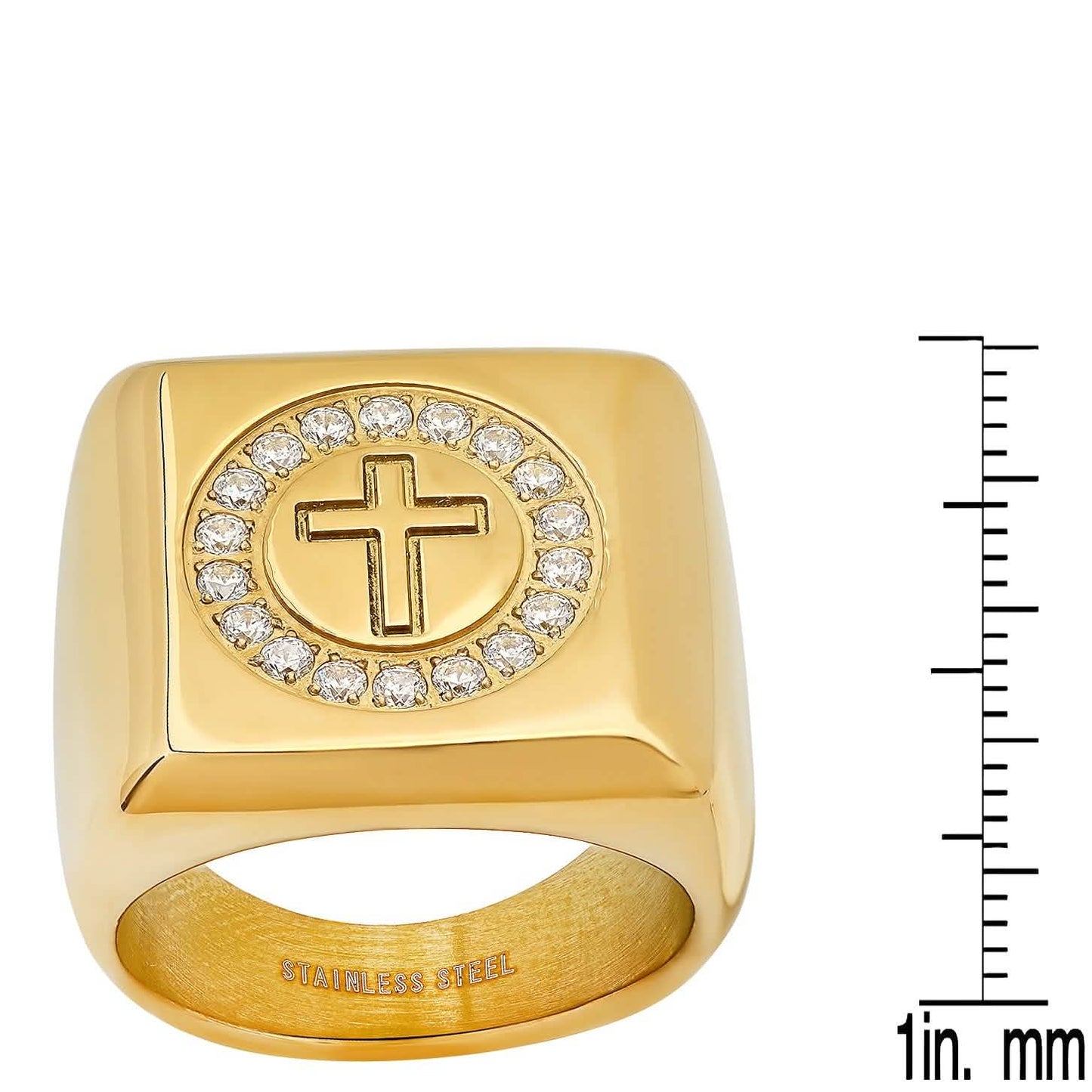 Herrenring, vergoldet, 18 Karat, Edelstahl mit simulierten Diamanten, quadratisches Kreuz
